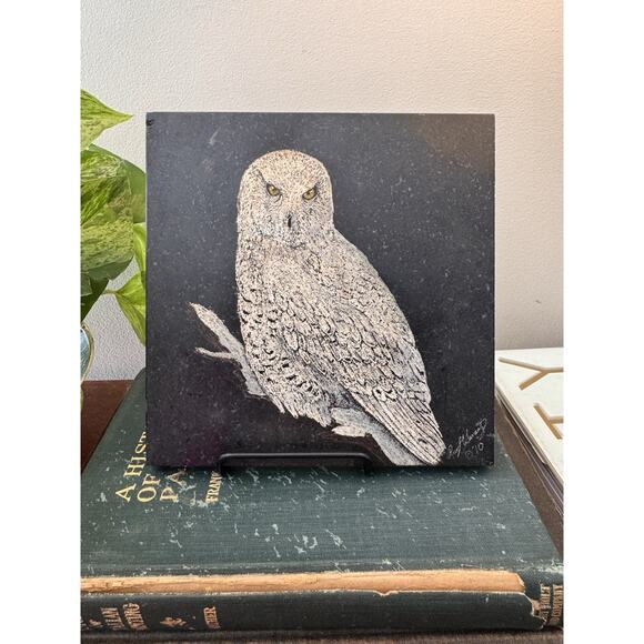 1970 Ray M Swartz Snowy Owl Slate Art Tile Signed Wildlife American Studio Craft